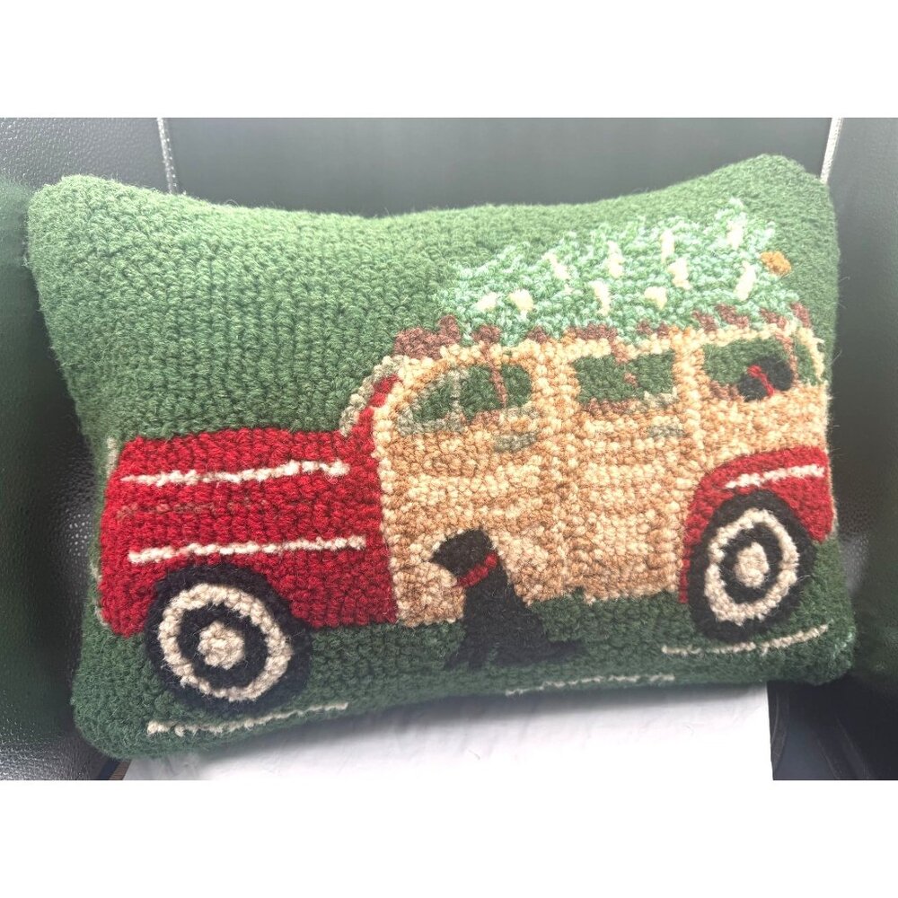 Chandler 4 Corners Wool Hook Pillow Waiting for a Ride, Red Woody Wagon 14 x 20"